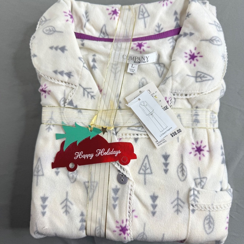 NEW Company Ellen Tracy Womens Large Pajama Set White Purple Tree Snowflake